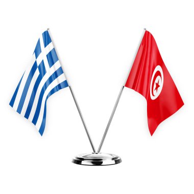 Two table flags isolated on white background 3d illustration, greece and tunisia
