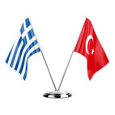 Two table flags isolated on white background 3d illustration, greece and turkey
