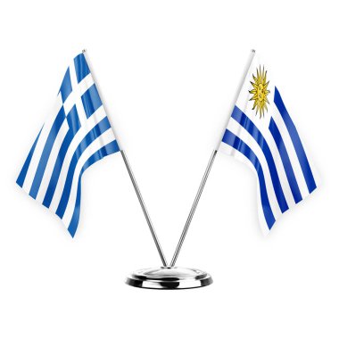 Two table flags isolated on white background 3d illustration, greece and uruguay