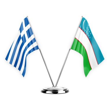 Two table flags isolated on white background 3d illustration, greece and uzbekistan