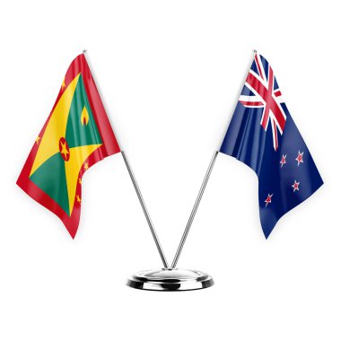 Two table flags isolated on white background 3d illustration, grenada and new zealand