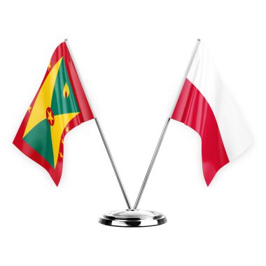 Two table flags isolated on white background 3d illustration, grenada and poland
