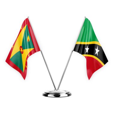 Two table flags isolated on white background 3d illustration, grenada and saint kitts and venis