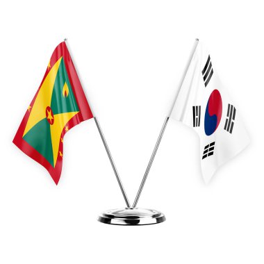 Two table flags isolated on white background 3d illustration, grenada and south korea