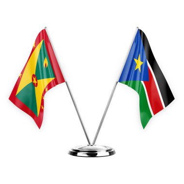 Two table flags isolated on white background 3d illustration, grenada and south sudan
