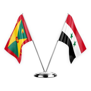 Two table flags isolated on white background 3d illustration, grenada and syria