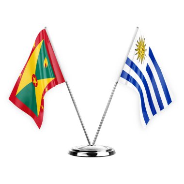 Two table flags isolated on white background 3d illustration, grenada and uruguay