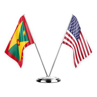 Two table flags isolated on white background 3d illustration, grenada and usa