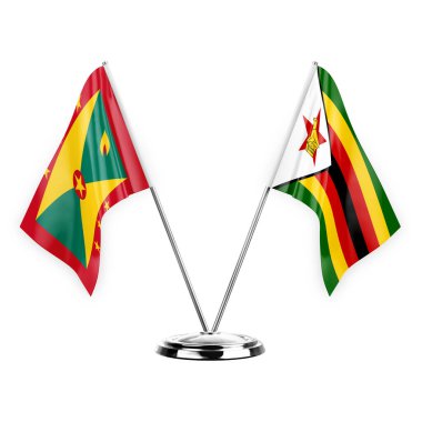 Two table flags isolated on white background 3d illustration, grenada and zimbabwe