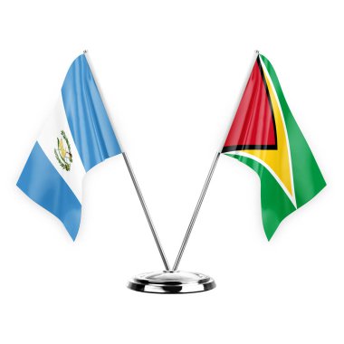 Two table flags isolated on white background 3d illustration, guatemala and guyana