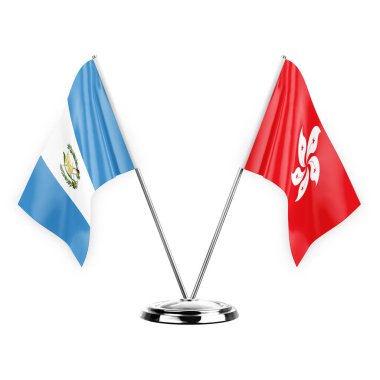 Two table flags isolated on white background 3d illustration, guatemala and hong kong