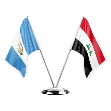 Two table flags isolated on white background 3d illustration, guatemala and iraq
