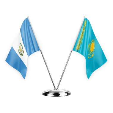 Two table flags isolated on white background 3d illustration, guatemala and kazakhstan