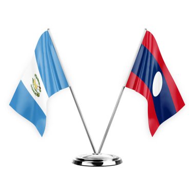 Two table flags isolated on white background 3d illustration, guatemala and laos