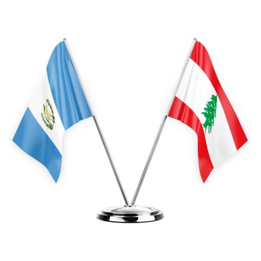 Two table flags isolated on white background 3d illustration, guatemala and lebanon
