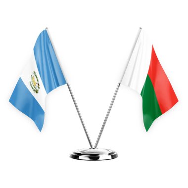Two table flags isolated on white background 3d illustration, guatemala and madagascar