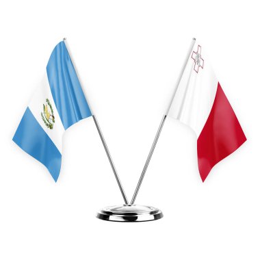 Two table flags isolated on white background 3d illustration, guatemala and malta