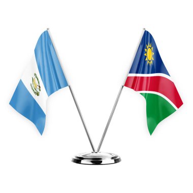 Two table flags isolated on white background 3d illustration, guatemala and namibia