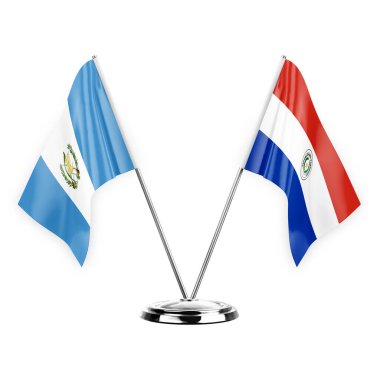 Two table flags isolated on white background 3d illustration, guatemala and paraguay