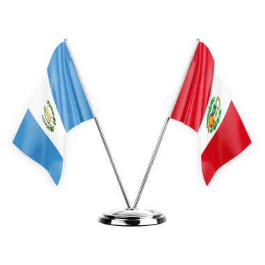 Two table flags isolated on white background 3d illustration, guatemala and peru