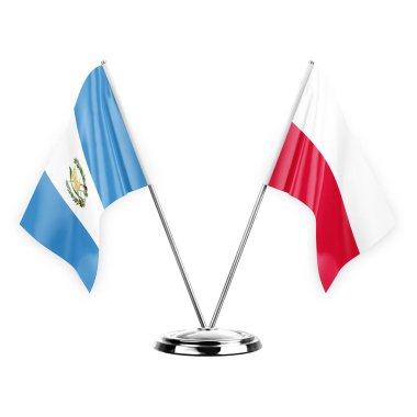Two table flags isolated on white background 3d illustration, guatemala and poland