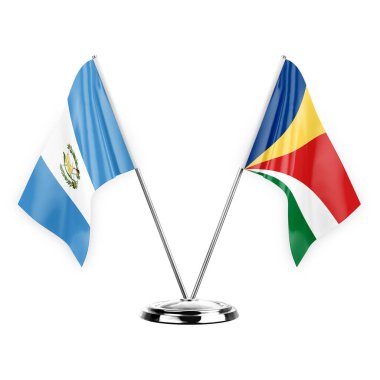 Two table flags isolated on white background 3d illustration, guatemala and seychelles