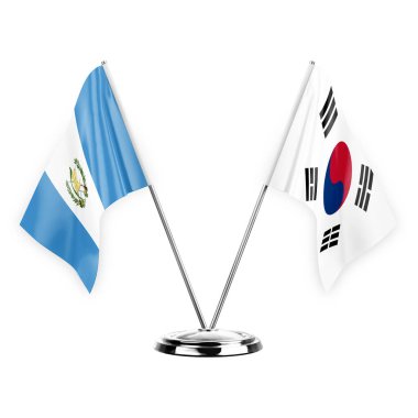 Two table flags isolated on white background 3d illustration, guatemala and south korea