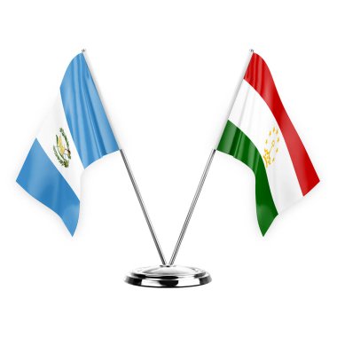 Two table flags isolated on white background 3d illustration, guatemala and tajikistan