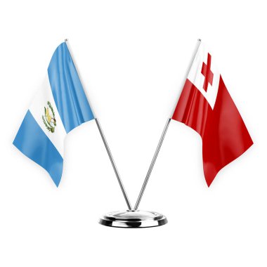 Two table flags isolated on white background 3d illustration, guatemala and tonga