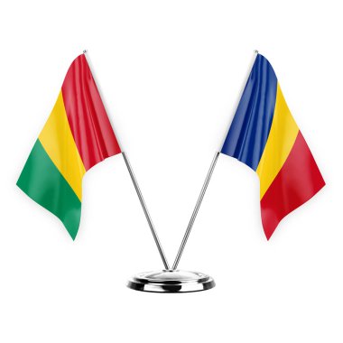 Two table flags isolated on white background 3d illustration, guinea and romania