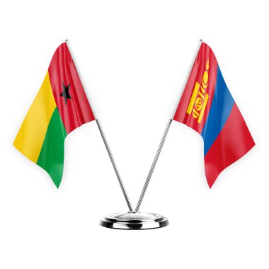 Two table flags isolated on white background 3d illustration, guinea-bissau and mongolia