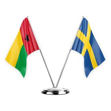 Two table flags isolated on white background 3d illustration, guinea-bissau and sweden