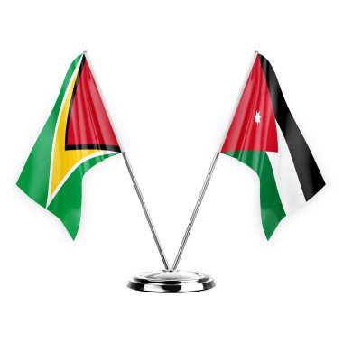 Two table flags isolated on white background 3d illustration, guyana and jordan