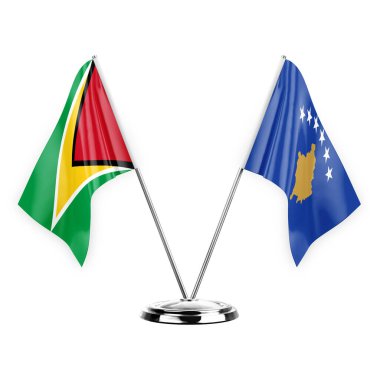 Two table flags isolated on white background 3d illustration, guyana and kosovo