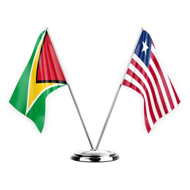 Two table flags isolated on white background 3d illustration, guyana and liberia