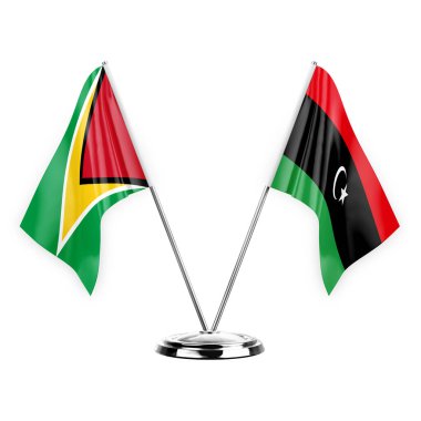 Two table flags isolated on white background 3d illustration, guyana and libya