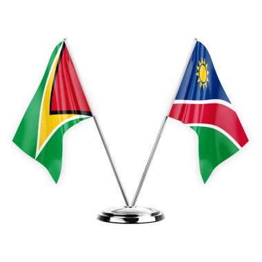 Two table flags isolated on white background 3d illustration, guyana and namibia