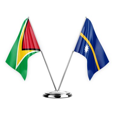 Two table flags isolated on white background 3d illustration, guyana and nauru