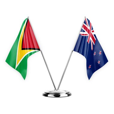 Two table flags isolated on white background 3d illustration, guyana and new zealand