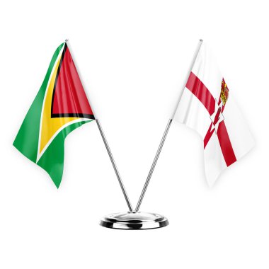 Two table flags isolated on white background 3d illustration, guyana and ireland