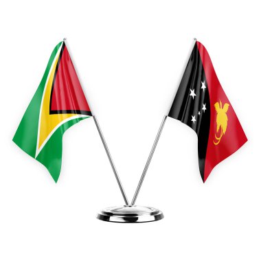 Two table flags isolated on white background 3d illustration, guyana and papua new guinea