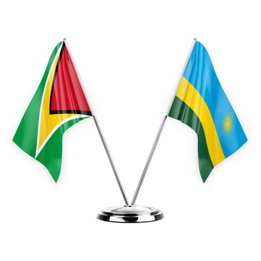 Two table flags isolated on white background 3d illustration, guyana and rwanda