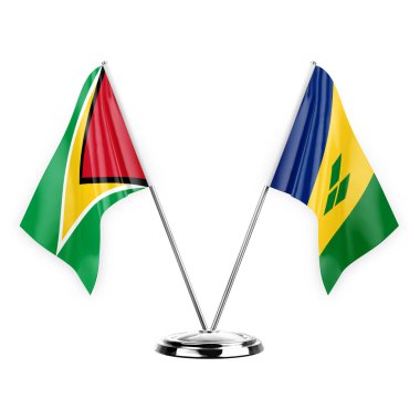 Two table flags isolated on white background 3d illustration, guyana and saint vincent and the grenadines