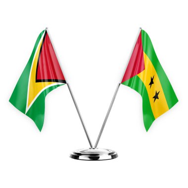 Two table flags isolated on white background 3d illustration, guyana and sao tome and principe