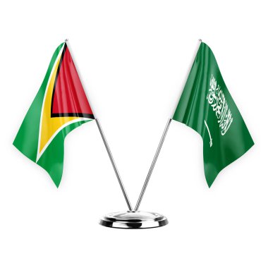 Two table flags isolated on white background 3d illustration, guyana and saudi arabia