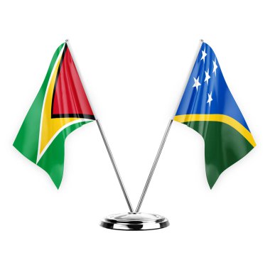 Two table flags isolated on white background 3d illustration, guyana and solomon islands