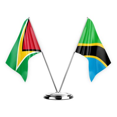 Two table flags isolated on white background 3d illustration, guyana and tanzania