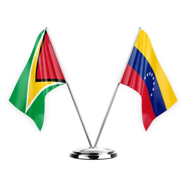 Two table flags isolated on white background 3d illustration, guyana and venezuela