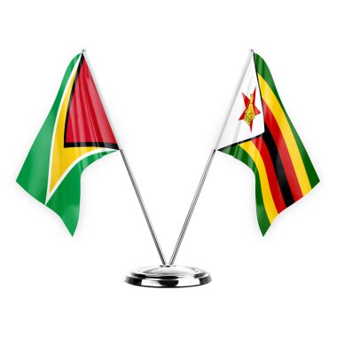 Two table flags isolated on white background 3d illustration, guyana and zimbabwe