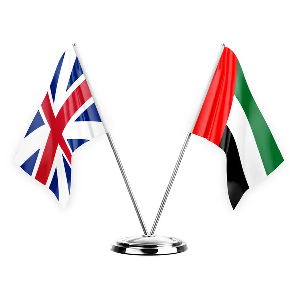 白の背景の3Dイラストに隔離された2つのテーブルフラグ 英国と団結アラブ首長国 — ストック写真